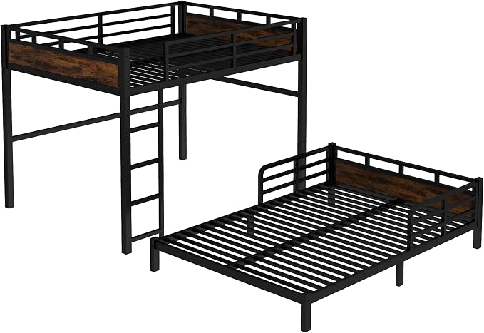 Queen Over Queen Metal Bunk Bed, Heavy Duty Convertible Bunk Bed Frame with Headboard & Full Guardrails, Can Be Split into Two Platform Beds or Loft Bed, Vintage