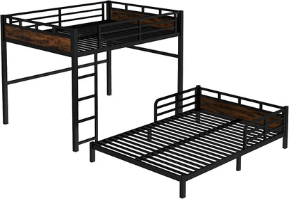 Queen Over Queen Metal Bunk Bed, Heavy Duty Convertible Bunk Bed Frame with Headboard & Full Guardrails, Can Be Split into Two Platform Beds or Loft Bed, Vintage