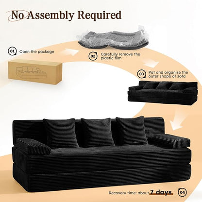78.7IN Folding Sofa Bed - Convertible Sleeper Sofa Couch with Zippered Pillows, 3 Seater Couches Bed for Living Room, Bedroom, Apartment, No Assembly Required, Freestanding, Corduroy, Black