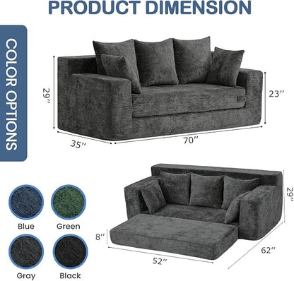 Boneless Couches 70", 3 Seater Boneless Couch with Pull Out Sofa Bed, Gray Boneless Couch with 5 Pillows, Plush Velvet Sofa for Living Room & Bedroom