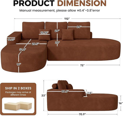 112" Modular Curved Sofa, Oversized Couches for Living Room, Modern Cloud Couch with Deep Seat, Corduroy Foam Couch, No Assembly Required, Red Brown, 1PCS