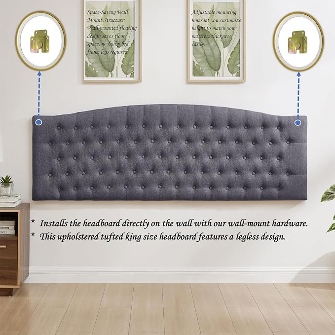 24KF Upholstered Tufted Button Linen Wall Mounted Headboard,Comfortable Fashional Headboard King/CA King Size, 6055-K-Dark Gray