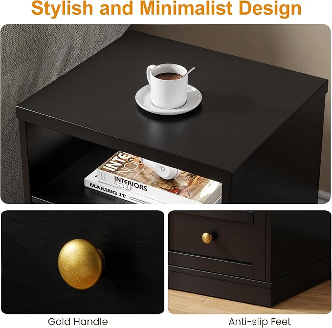 RoyalCraft Black Nightstand Set of 2, Small End Table with Storage Shelf and Door, Faux Two-Drawer Design Side Table, Modern Night Stand for Bedroom Dorm, Wood Beside Table for Small Spaces
