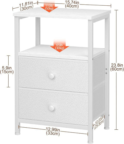 LOAKEKEL Nightstands Set of 2, Night Stand with 2 Fabric Drawers, Bed Side Table with Open Storage Shelf for Bedroom, Small End Tables Living Room, White, HETS002WP