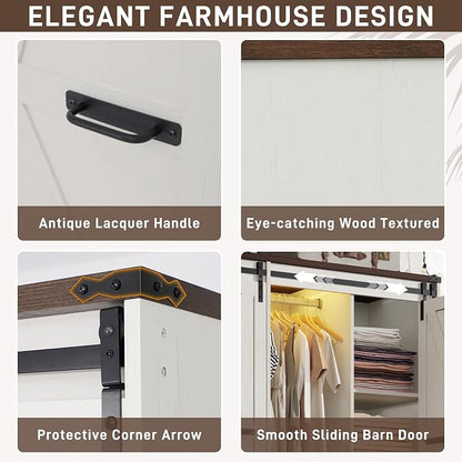 Farmhouse 4 Doors Armoire Wardrobe Closet w/Folding Sliding Barn Door and Lights, LED Armoire Closet w/Drawers for Bedroom, Freestanding Wooden Wardrobe Storage Closets w/Hanging Rod,Antique White