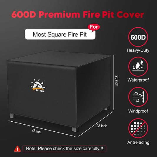 Zettum Fire Pit Cover Square 28 Inch - Outdoor Firepit Cover Heavy Duty & Waterproof, 600D Patio Fire Table Cover Gas Fire Pit Accessories Fit 28" Yaheetech and 28" Ciays Firepit - 28 x 28 x 25 Inch