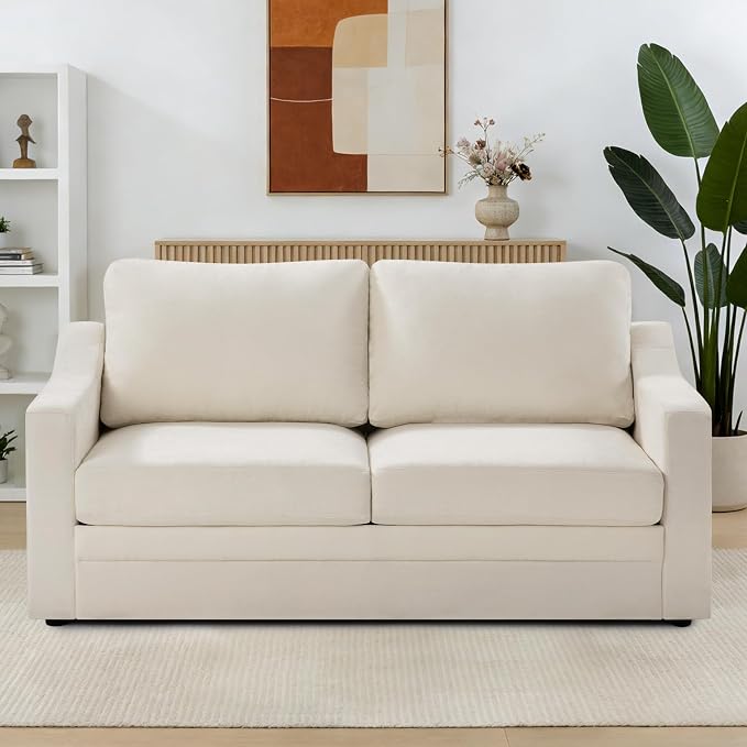 67” Chenille Loveseat Sofa w/Comfortable Back Cushions, Beige | Modern 2-Seat Couch w/Deep Seat Space, Upholstered 2 Seaters Sofa w/High Resiliency Foam for Living Room