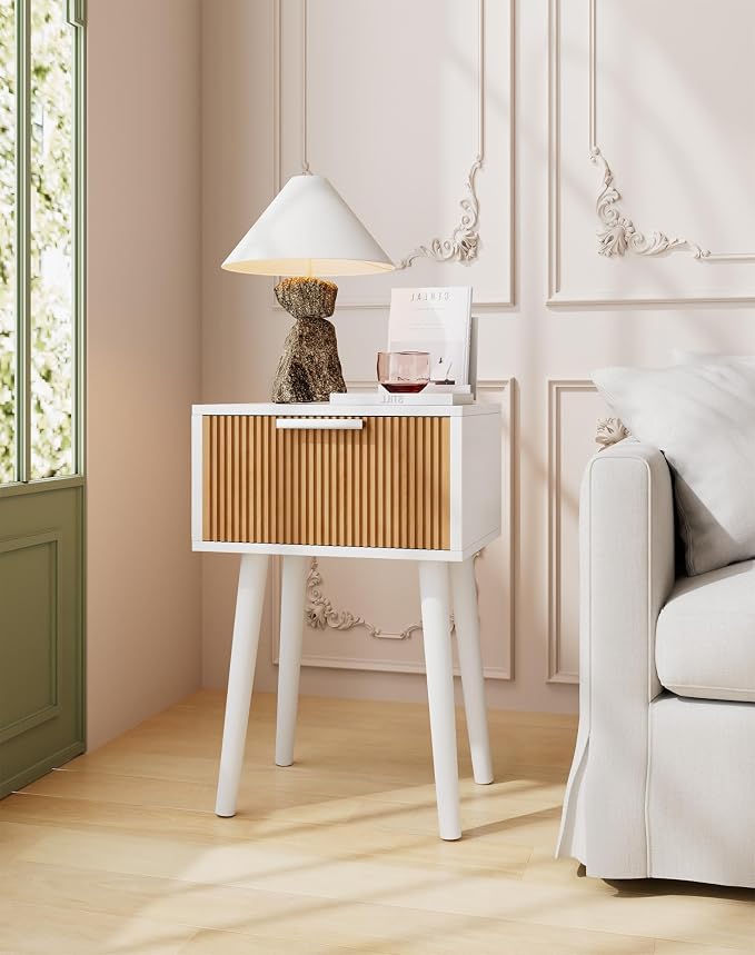 YMYNY Narrow Fluted Nightstand Set of 2, Small End Table, Modern Coffee Table with Drawer, Solid Wood Legs, Retaining Chain, for Bedroom and Small Spaces, White and Natural UHST014WN-2