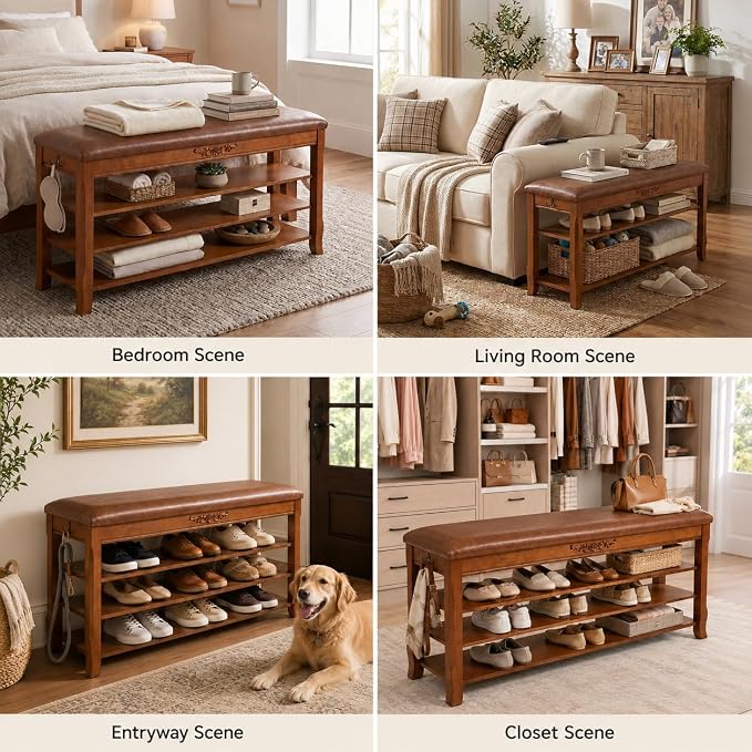 Shoe Rack Bench Entryway Storage with Leather Cushion, Shoe Organizer Bench for Entryway, Front Doors Entrances Hallway,Mudroom,Closet, Bedroom,Solidwood 3 Height-Adjustable Removable Shelve,47.2"