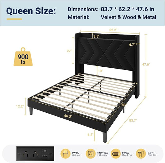 Allewie Queen Size Platform Bed Frame with Charging Station and Storage Shelf/Upholstered Velvet Wingback Headboard/Wooden Slats Support/No Box Spring Needed/Easy Assembly, Black