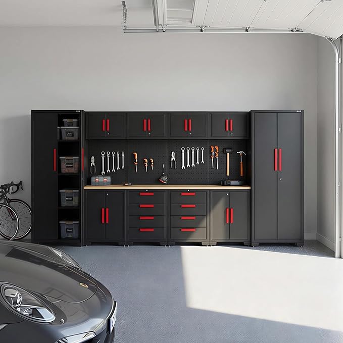 Garage Storage Cabinet System, 12Pcs Garage Cabinets and Storage System Corner Workshop Set with Corner Cabinet, Cabinet Drawers, Workbench, Pegboard for Tool Organization, Black Red