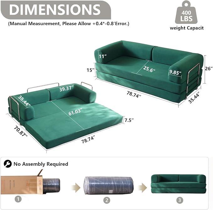WHGBJA 79'' Convertible Sleeper Sofa Bed, 3-in-1 Foldable Floor Couch with Corduroy Upholstery, No Assembly Loveseat, Light Brown Lounge Mattress for Living Room, Studio, Guest Room (Light Green)