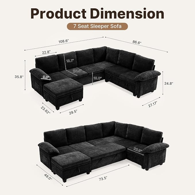 108" Modular Sectional Sofa Bed with Storage, L Shaped Pull Out Couch, Removable Chenille Sofa Cover for Living Room (Black, 7 Seat)