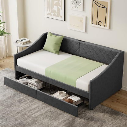 Twin Size Daybed with 2 Storage Drawers, Upholstered Daybed Frame with Charging Station, Heavy Duty Sofa Bed for Bedroom, Living Room, No Box Spring Needed,Easy Assembly