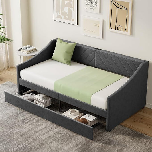 Twin Size Daybed with 2 Storage Drawers, Upholstered Daybed Frame with Charging Station, Heavy Duty Sofa Bed for Bedroom, Living Room, No Box Spring Needed,Easy Assembly