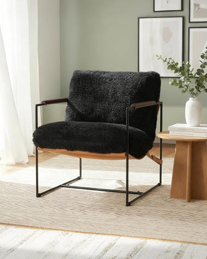 Karl home Modern Metal Frame Accent Chair, Black | Plush Fleece Upholstered, Wood Padded Armrest, 28" Seat Width, Comfy Lounge Armchair for Living Room, Bedroom, Apartment
