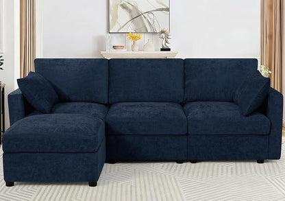84” Chenille 3-Seats Sofa W/Movable Ottoman, Blue | Modern Fabric L-Shaped Couch w/Soft Backrests, Upholstered Sectional Sofa w/Arm Pillows for Living Room