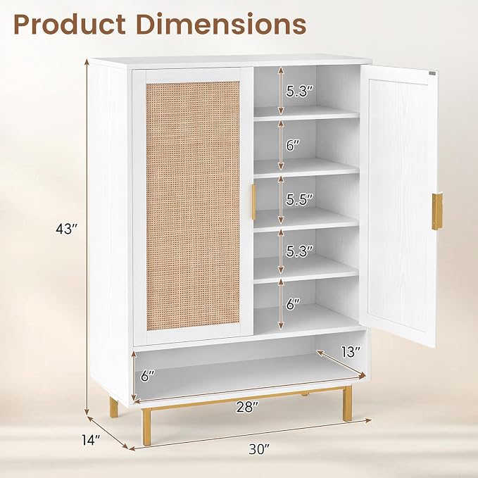 LOKO Shoe Storage Cabinet with 2 Doors, 6-Tier Rattan Shoe Organizer with Adjustable Shelves & Open Compartment, Freestanding Hidden Shoe Cabinet for Entryway, Closet & Living Room (White)