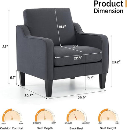VINGLI Mid-Century Modern Accent Chair, Dark Grey Linen Upholstered, Comfortable & Supportive, 380lbs Weight Limit, Perfect for Living Room, Bedroom, Office