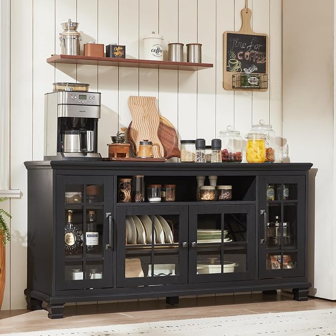 SAVOR LIFE Large Black Sideboard Buffet Cabinet with Storage,Vintage Farmhouse 60" Wide Buffet Cabinet with Glass Doors & Wood Legs,Coffee Bar Cabinet for Dining Room, Living Room