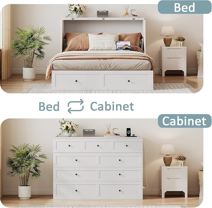 LIVAUVEAD Full Size Murphy Bed with Charging Station & Drawer, Full Size Mobile Cabinet Bed Frame, Murphy Chest Bed for Bedroom, Guest Room