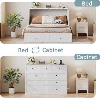 LIVAUVEAD Full Size Murphy Bed with Charging Station & Drawer, Full Size Mobile Cabinet Bed Frame, Murphy Chest Bed for Bedroom, Guest Room