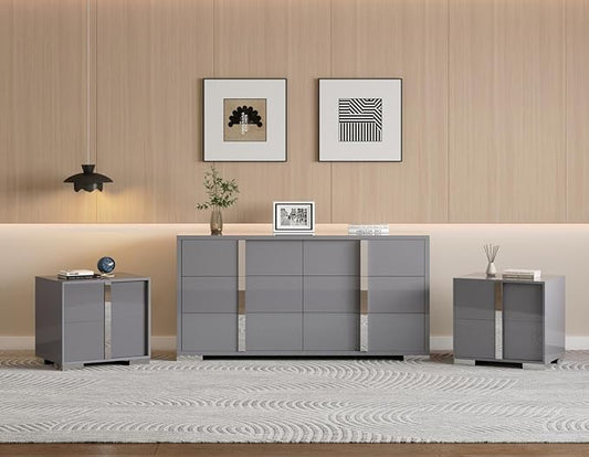 AMERLIFE 3 Piece Bedroom Set, Two 23.6" Nightstands & 6-Drawer Dresser, Silent Glide Drawers & Metal Handles, Modern High Gloss UV Finish, Dresser Set for Bedroom, Grey