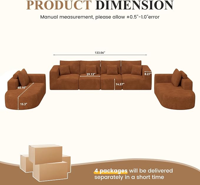 Living Room Furniture Sets,Modern U Shaped Modular Sectional Sofa,Convertible Cloud Couches for Living Room,Comfy 4 Seater with 2 Chaise Furniture Set, Boneless Couch Sofa,1 PCS