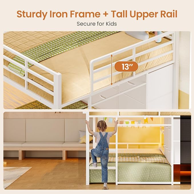 Full Over Twin Bunk Bed with 6 Drawers, Metal Frame Bunk Bed with LED Lights, Convertible Storage Bunk Bed with Extra-High Guardrails & Non-Slip Ladder, 2-Way Installation,for Teens, White