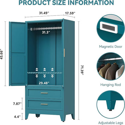 Baborokic Metal Wardrobe Cabinet with Hanging Rod, 71" Armoire Wardrobe Closet with 2 Drawers,Farmhouse Metal Clothing Storage Cabinets with Door and Adjustable Shelves for Bedroom,Laundry Room(Blue)