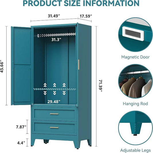 Baborokic Metal Wardrobe Cabinet with Hanging Rod, 71" Armoire Wardrobe Closet with 2 Drawers,Farmhouse Metal Clothing Storage Cabinets with Door and Adjustable Shelves for Bedroom,Laundry Room(Blue)