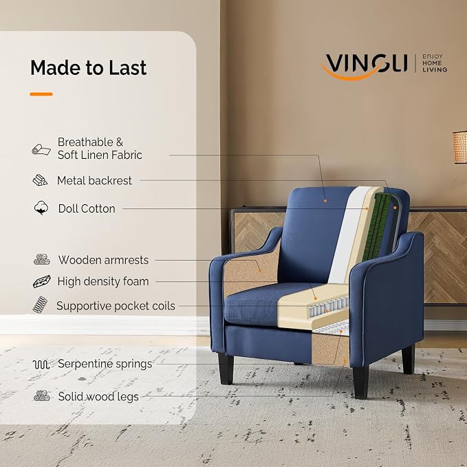 VINGLI Modern Accent Chairs Set of 2, Blue Living Room Chairs Comfy Armchair for Bedroom, Upholstered Sofa Chair Reading Chair for Small Spaces, Apartment, Waiting Room