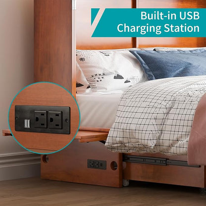 BALUS Queen Murphy Bed with Mattress Included, Cabinet Bed with Mattress & Built-in USB Ports & 2 Storage Drawers, Space-Saving Modern Murphy Beds Cabinet Guest Beds for Office -Cherry