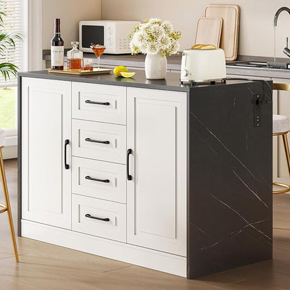 ONBRILL 47.3" Kitchen Island with 2 Storage Cabinets & 4 Drawers, Modern Imitation Marble Dining Table with Power Outlet, Island Bar Table for Kitchen, Dining Room, Living Room, Black