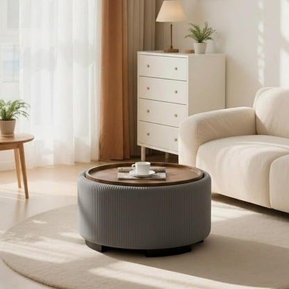 29.5 Inch Round Storage Ottoman Coffee Table,Modern Circle Coffee Table with Storage with Removable Lid Top and Solid Wood Legs,Large Round Ottoman for Bedroom,Living Room,Velvet,Grey