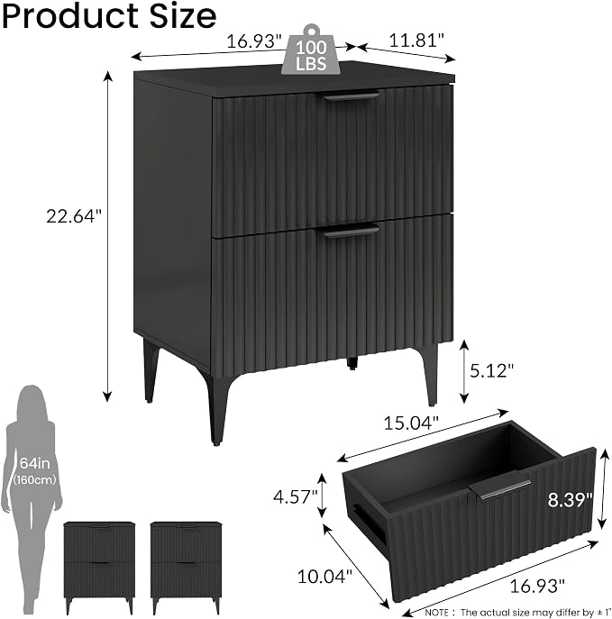 SUNWAVE Black Fluted Nightstand Set of 2, Modern Night Stands with 2 Drawers, Bedside Table for Twin/Full/Queen Bed, End Table with Robot-Friendly Metal Legs for Bedroom, Living Room