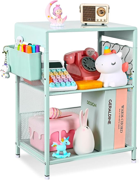 Mint Green Kids Nightstand, Small Nightstand for Bedroom, End Table with Hooks and Holder, Toddler Bedside Table, Desk Organizer for Office, Small Desk for Living Room, Dorm (Mint)