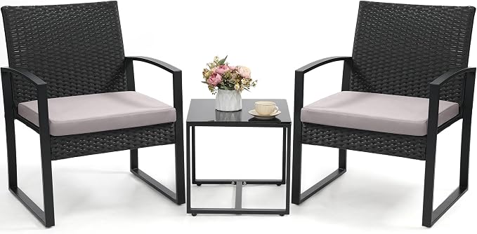 Murago 3 Piece Wicker Patio Bistro Set, Rattan Conversation Set with Coffee Table, for Balcony, Porch, Garden, Yard, Poolside, Black Frame with Grey Cushion