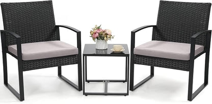 Murago 3 Piece Wicker Patio Bistro Set, Rattan Conversation Set with Coffee Table, for Balcony, Porch, Garden, Yard, Poolside, Black Frame with Grey Cushion