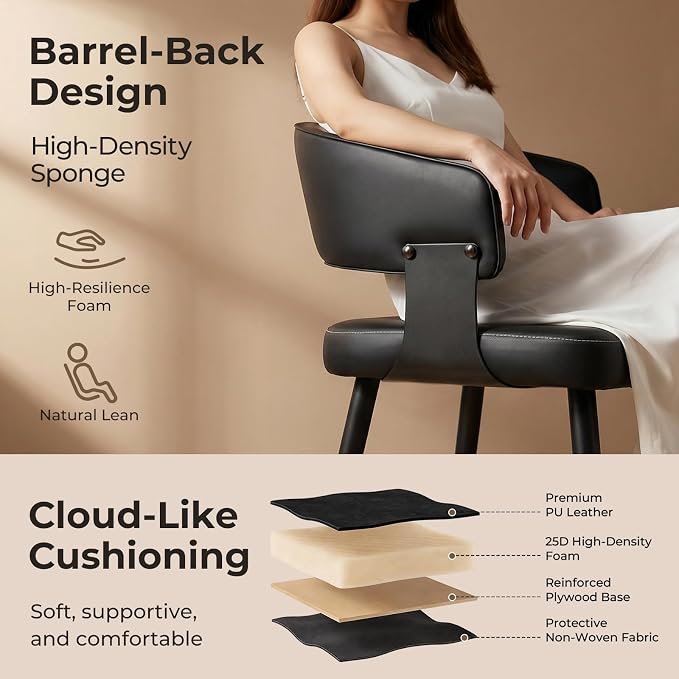 Dining Chairs Set of 4, Modern Upholstered Faux Leather Kitchen Chairs with Curved Back, Easy to Assemble & Clean for Dining Room, Restaurant, Cafe, Black