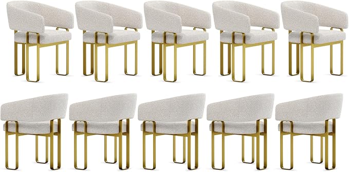 Barrel Dining Chairs Set of 10, U-Shaped Brushed Gold Metal Legs Dining Room Chairs with Off White Boucle for Kitchen, with Arms