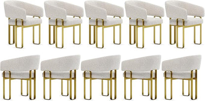 Barrel Dining Chairs Set of 10, U-Shaped Brushed Gold Metal Legs Dining Room Chairs with Off White Boucle for Kitchen, with Arms