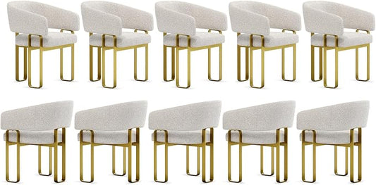 Barrel Dining Chairs Set of 10, U-Shaped Brushed Gold Metal Legs Dining Room Chairs with Off White Boucle for Kitchen, with Arms