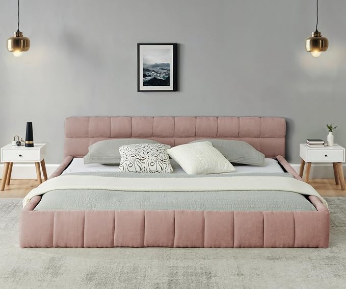 KEIKI California King Thick Chenille Platform Bed Frame with Upholstered Tufted Headboard, Modern Solid Wood Floor Platform for Bedroom, No Box Spring Needed