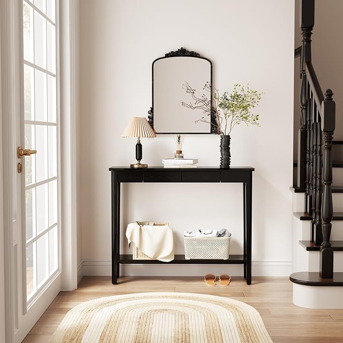AQIMUELE Wood Console Table with Drawers, Mid Century Modern Console Table Black for Entryway, Living Room, Hall Way.