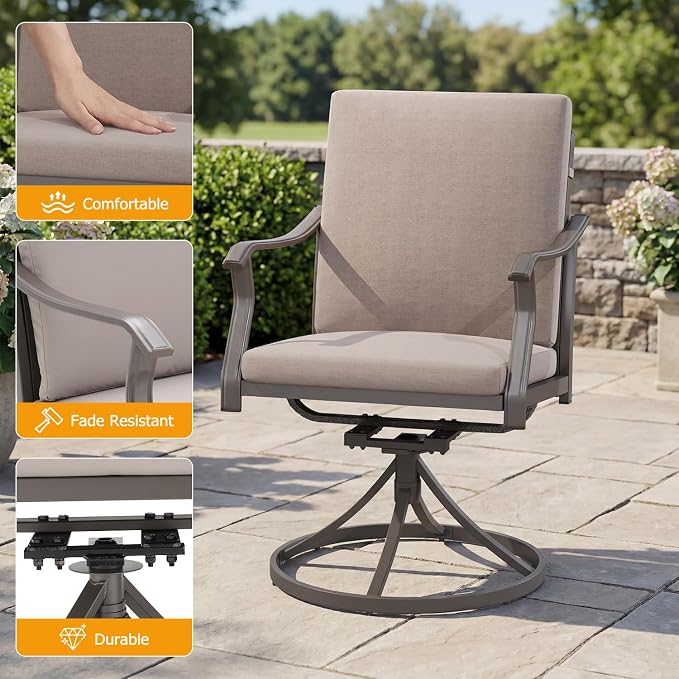 EROMMY 5-Piece Outdoor Patio Dining Set, 4 Swivel Chairs with Removable Cushions & Round Metal Table with Umbrella Hole, All-Weather Furniture for Backyard, Garden and Deck