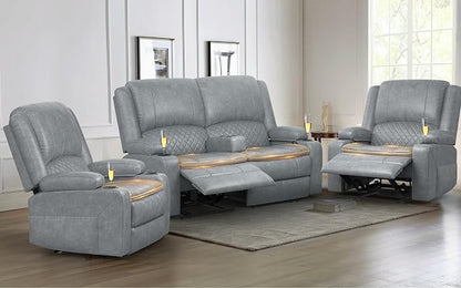 Yolsali Loveseat Recliner Sofa Set with 2-Tier Cushion, 2+1+1 Pieces in Living Room, 2 Seater Reclining Loveseat Leather with Removable Console, 2 Oversize Recliner Chair Sofa Seat - Gray PU
