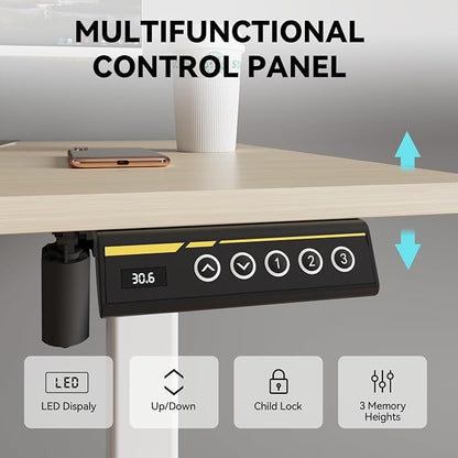 Large Electric Standing Desk,55x24 Inches Adjustable Height Stand up Desk, Sit Stand Home Office Desk, 3 Preset Heights,Equipped with Hooks,Ergonomic Computer Desk Workstation，Nature