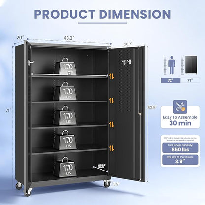Metal Garage Storage Cabinet with Locking Doors and Adjustable Shelves, Wide & Deep Storage Cabinet on Wheels, 71" Rolling Tool Cabinet for Garage, Basement, Home Office