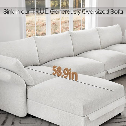DreamDashio 160" 7-Seat L-Shaped Sectional Sofa, Oversized Modular Cloud Couch with Storage & Adjustable Backs, Beige Chenille for Living Room